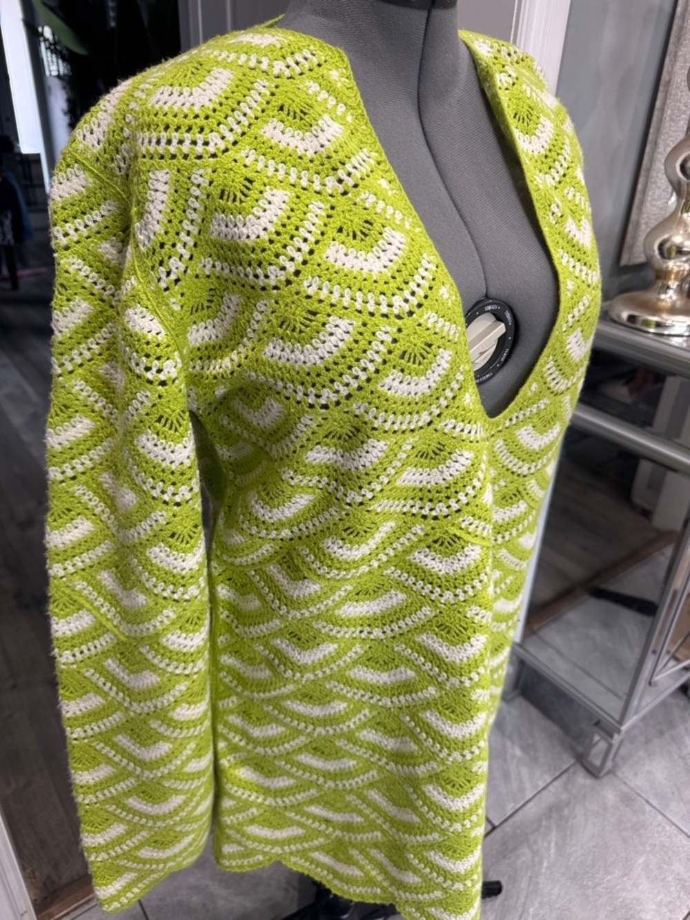 Celandine- Lime Green & Cream Crochet Tunic Sweater - Picture 2 of 4